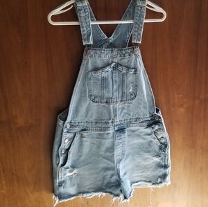 Old Navy Blue and White Shortalls, Distressed Style, Blue And White Denim
